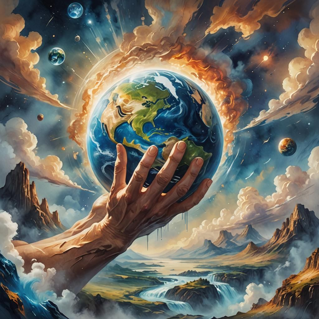 Giant Hand Holding Earth with Crying Eye