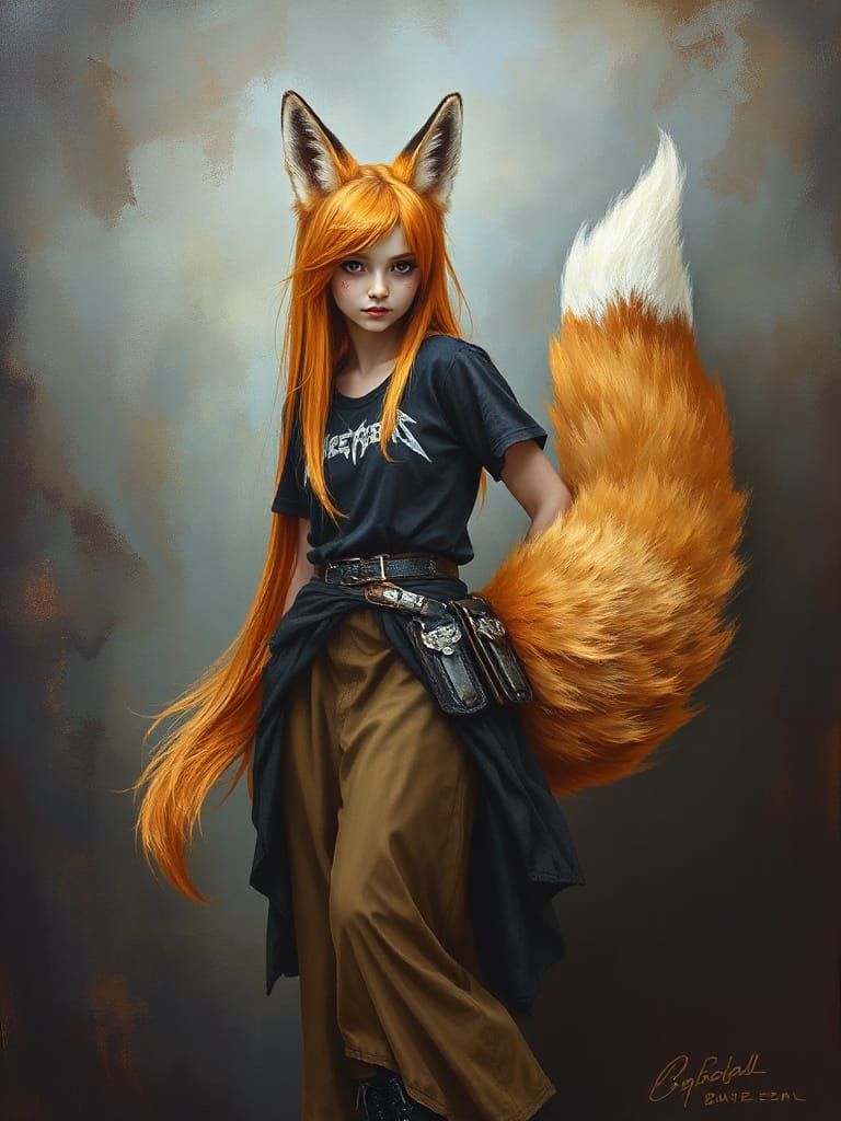Heroic Fantasy Fox Girl in Dramatic Oil Painting