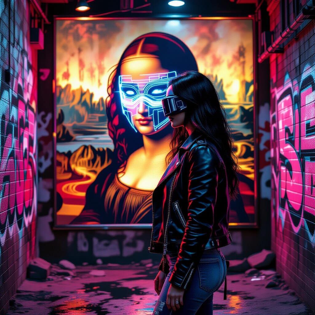 Cyberpunk Woman in Neon Alley with Classical Mural
