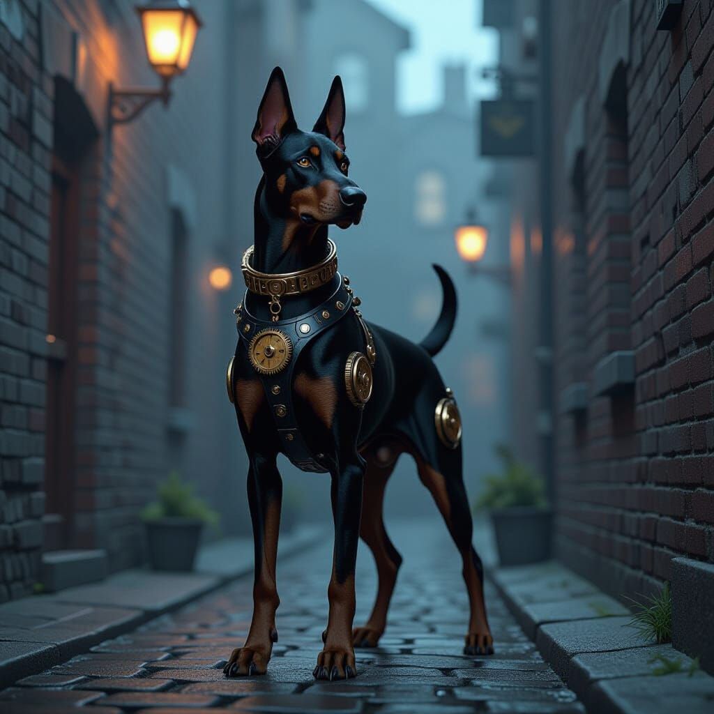 Steampunk Doberman Guarding Foggy Alleyway