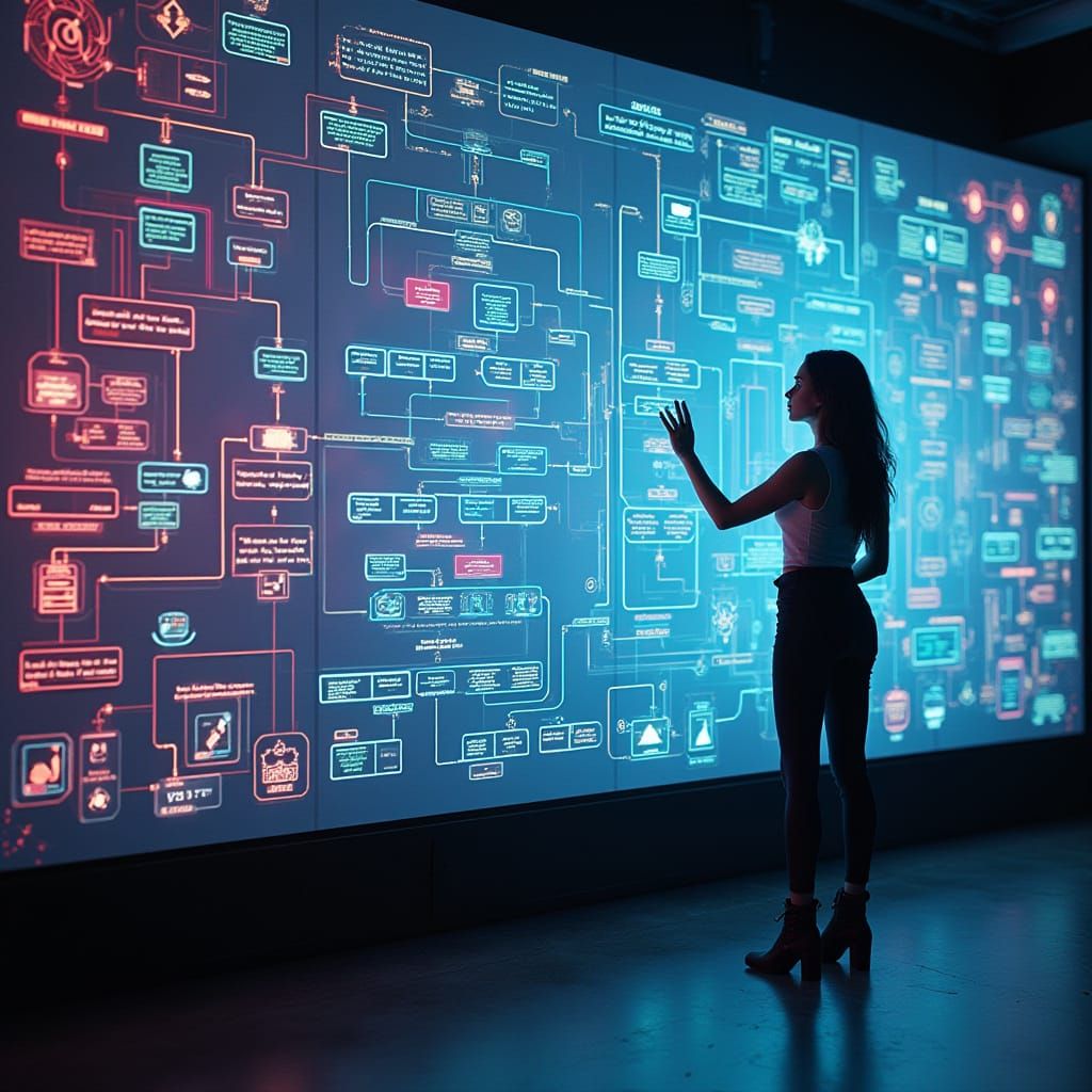 Futuristic Woman and Vacuum LED Flowchart Display