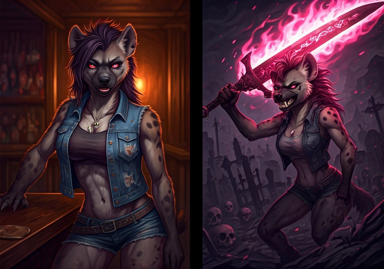 Anthropomorphic Hyena Woman: Dive Bar and Graveyard Scenes