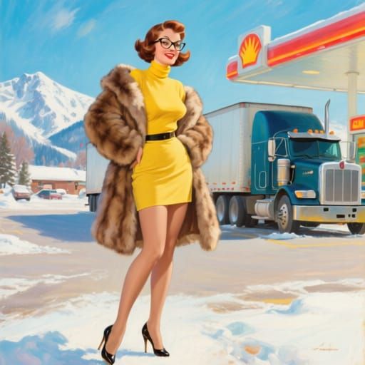 Retro Pin-Up Woman in Snowy Mountain Truck Stop