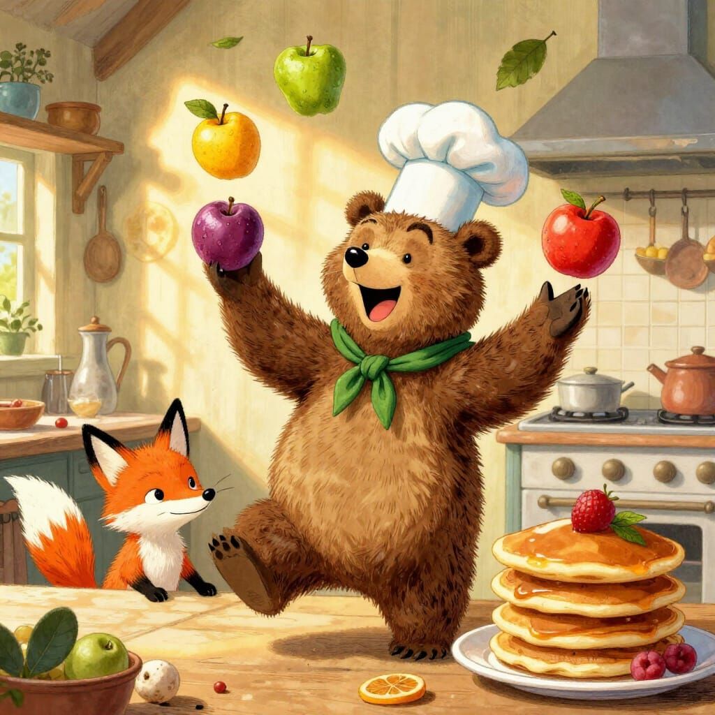 Whimsical Bear Juggling Fruits in Rustic Kitchen