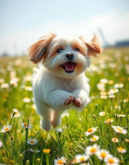 Joyful Shih Tzu Leaping Through Daisy Field