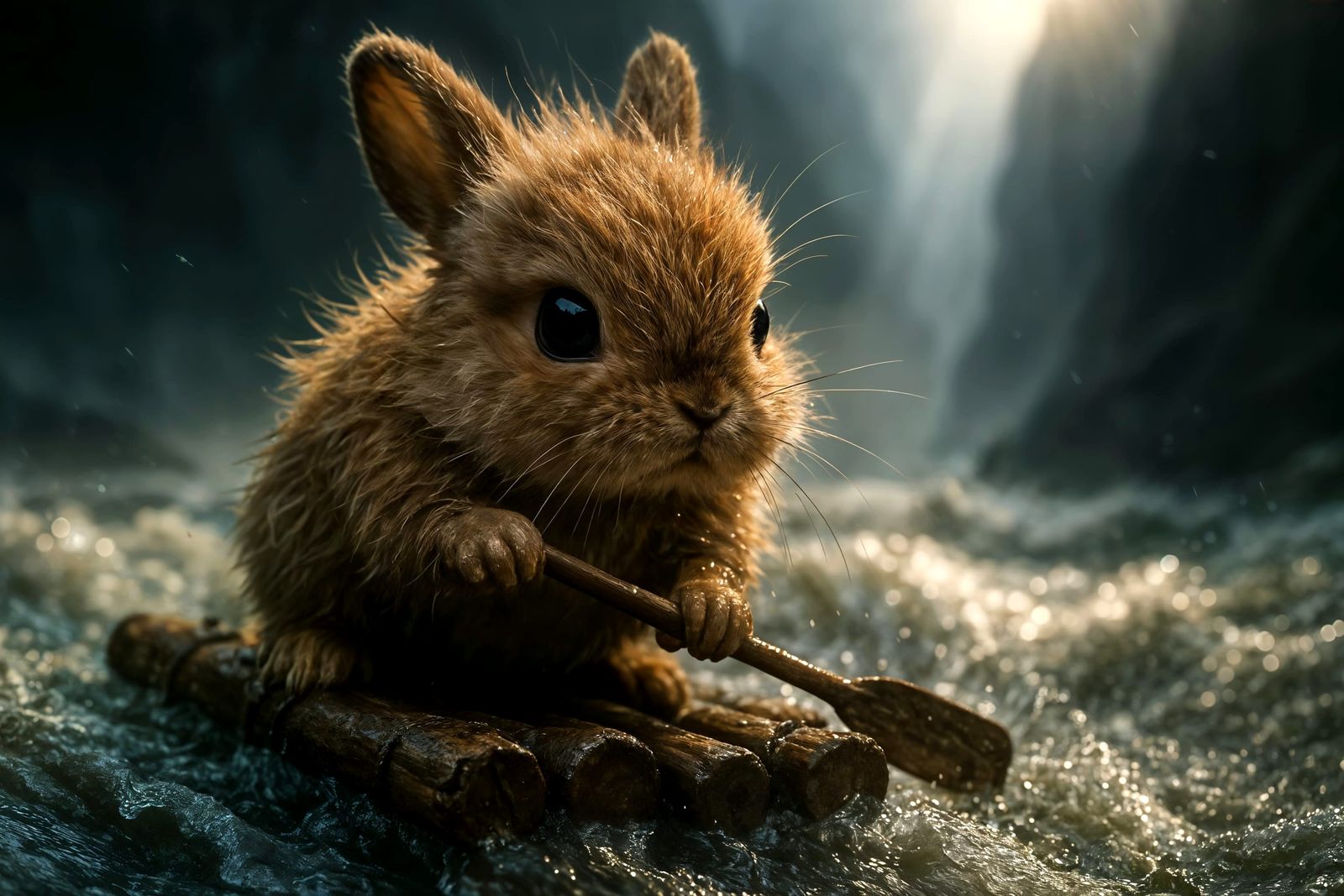 Determined Bunny Navigates Raging River: Cinematic Close-Up