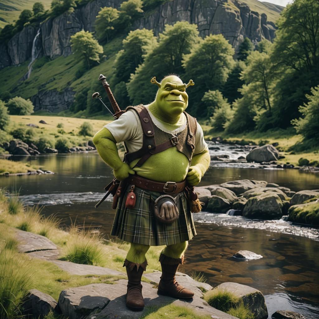 Shrek in Scotland Wearing a Kilt