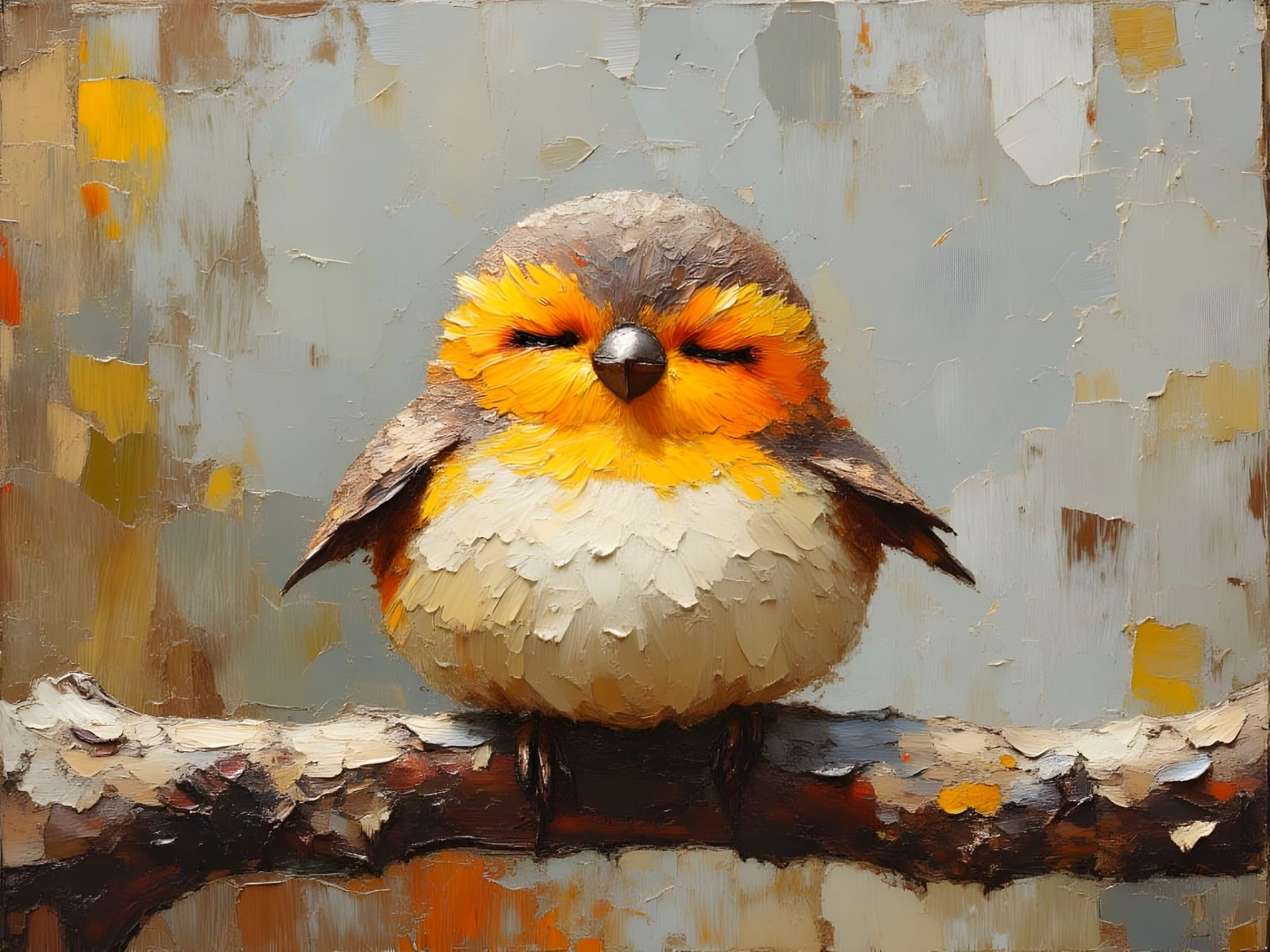 Fuzzy Bird on Branch as Impasto Oil Painting