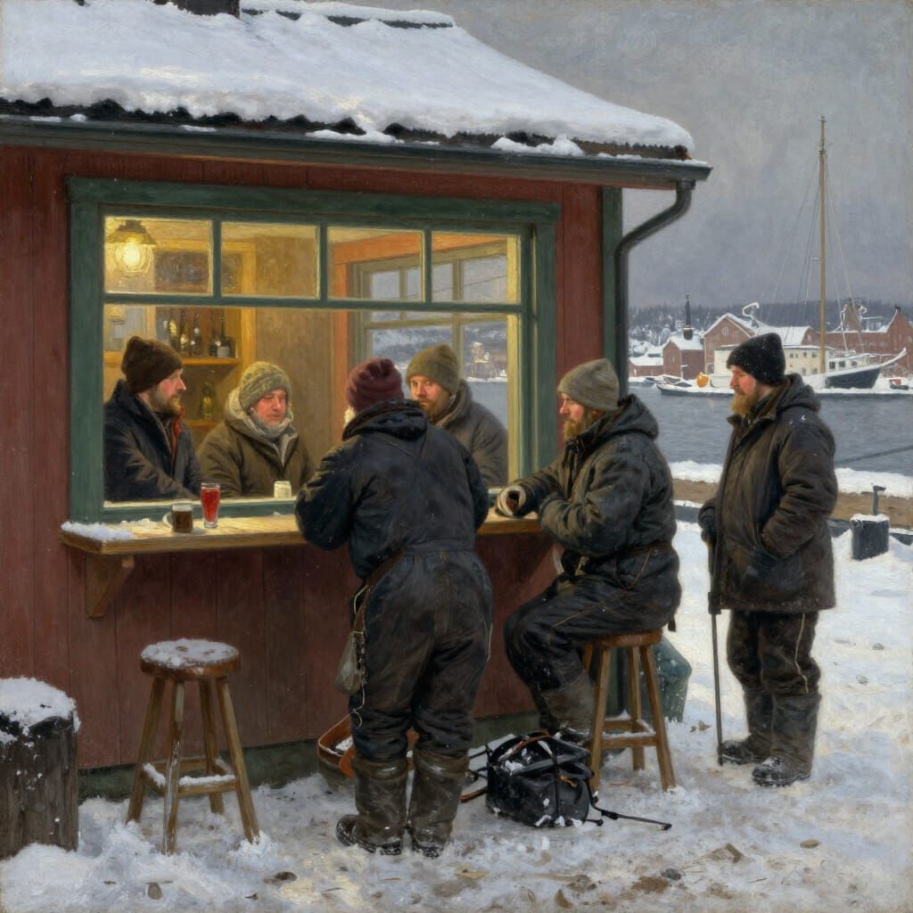1800s Stockholm Port: Fishermen, Snow, and Cozy Bar Scene