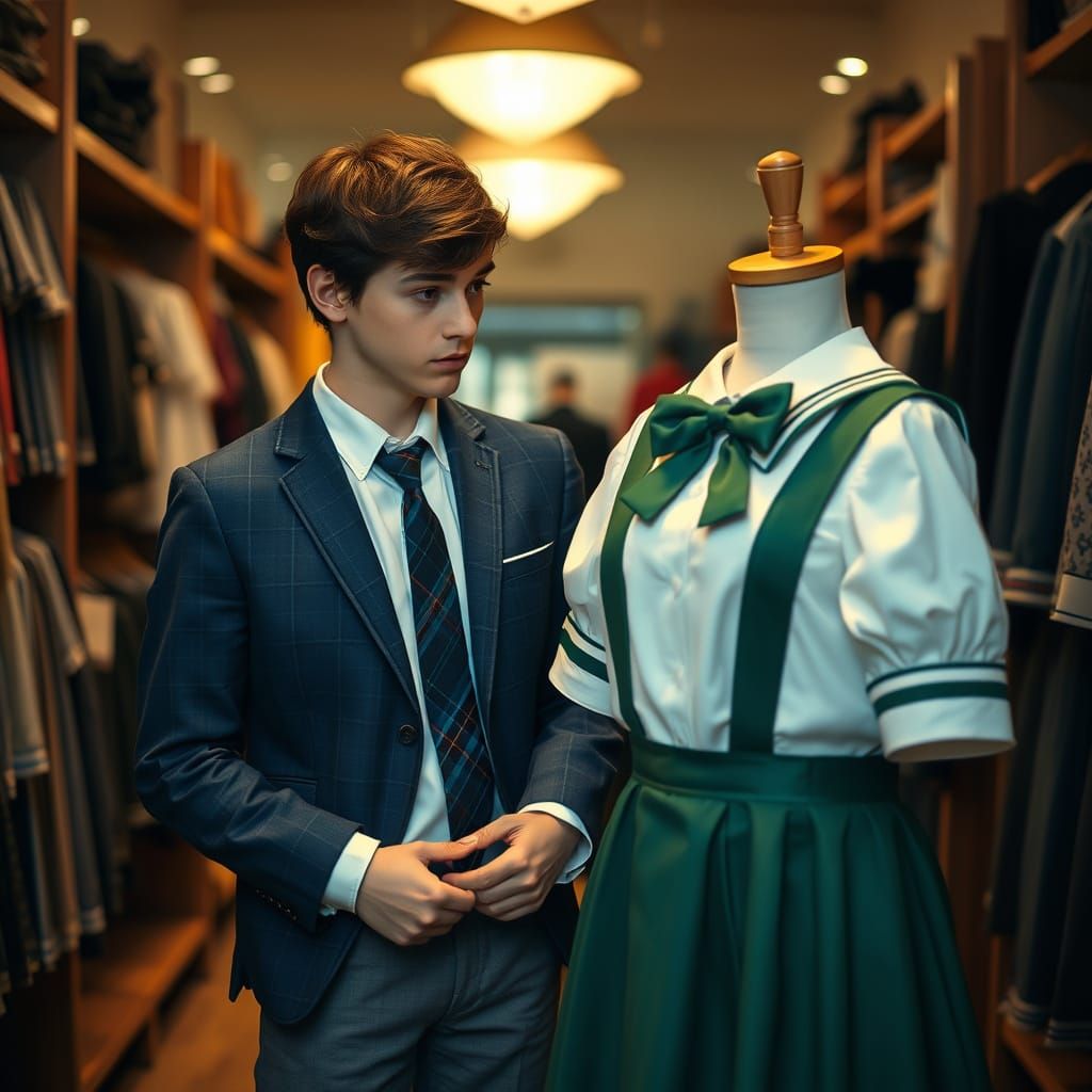 Young Man Enthralled by Schoolgirl Uniform Display