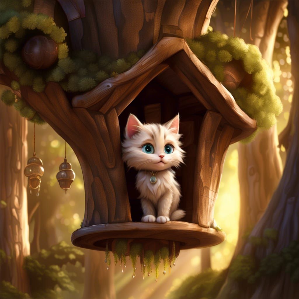 Chibi Cat in Treehouse with Soft Fluffy Fur