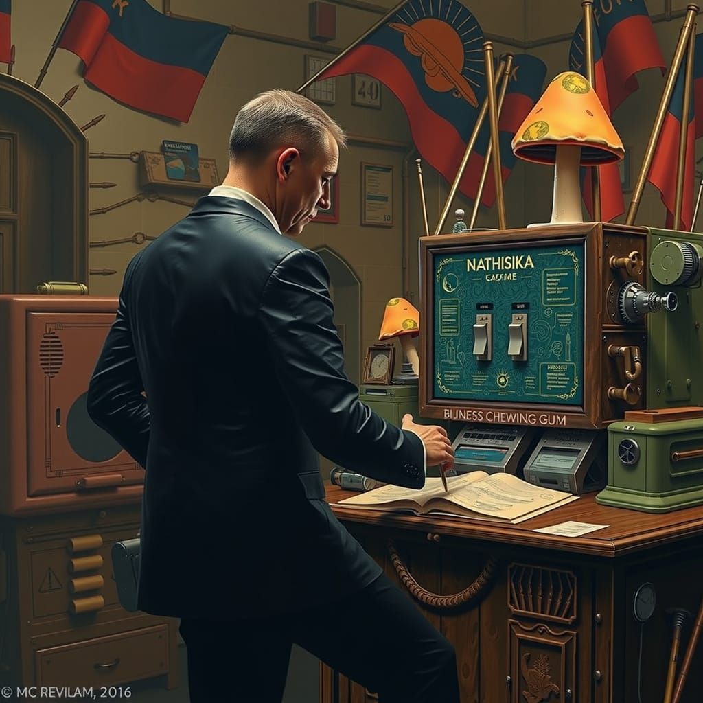 Whimsical Industrial Dreamscape with Mushroom Flags and Chew...