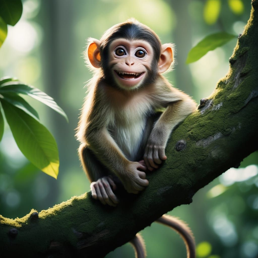 Surreal Cinematic Monkey Delicately Balances on Tree Branch