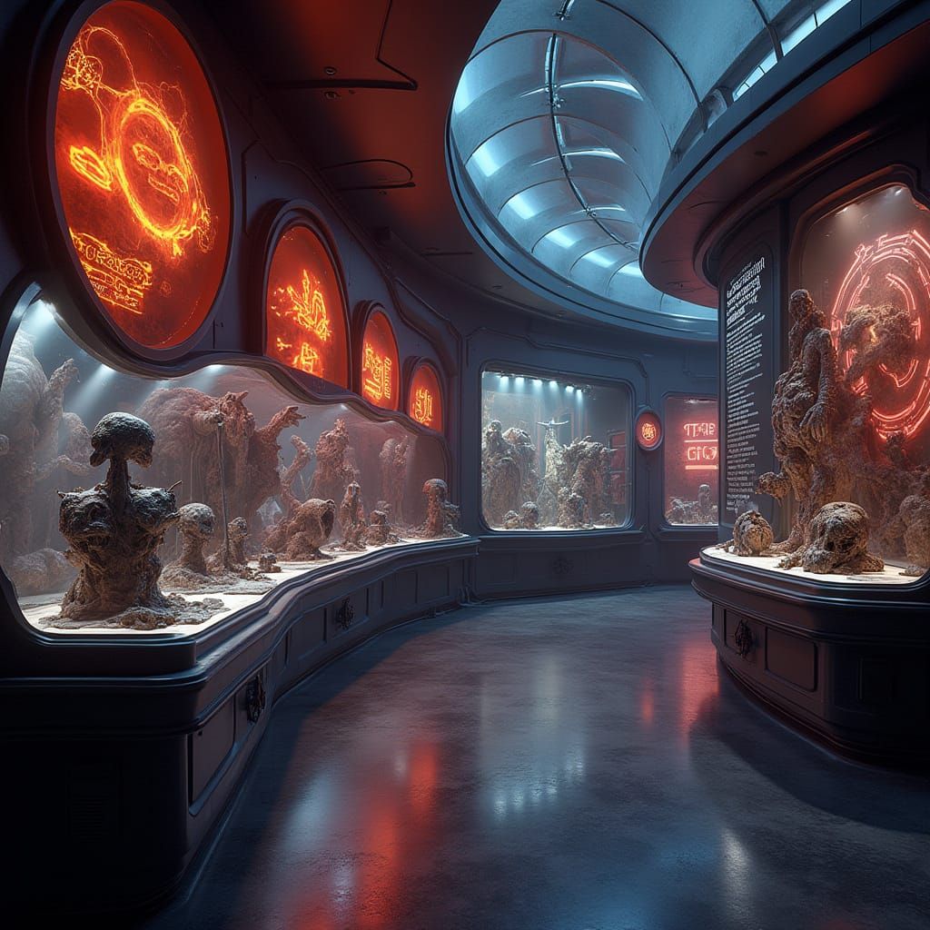 Futuristic Museum Exhibits in Dark Biomechanical Style