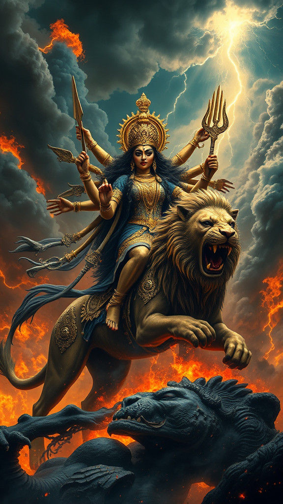 Goddess Durga Triumphant in Dark Fantasy Style