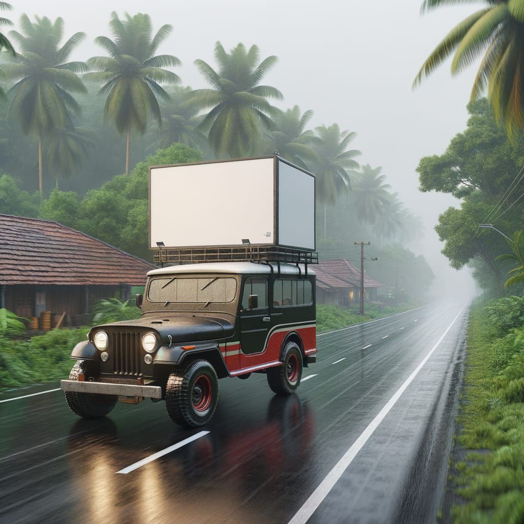Black and Red Jeep on Wet Kerala Road in Monsoon