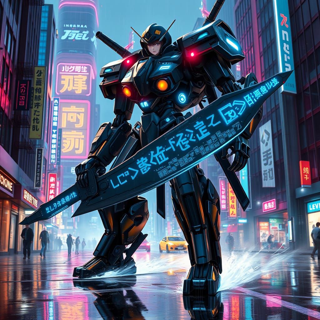 Gigantic Anime Ninja Mech in Cyberpunk Metropolis