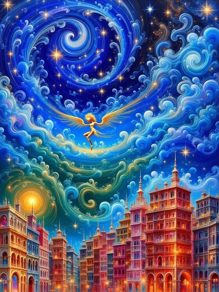 Golden Figure Dancing Under Swirling Sky