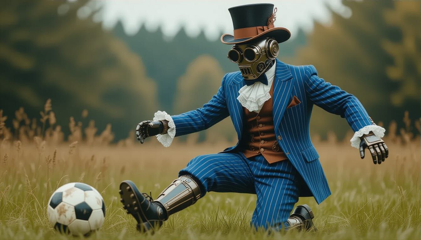 Steampunk Robot Plays Soccer in Overcast Field