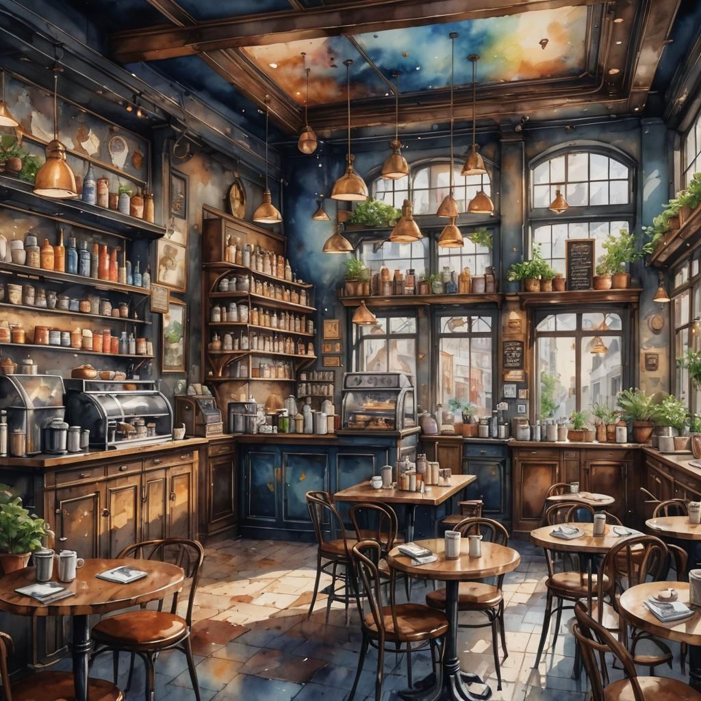Modern European Coffee Shop in Watercolor and Ink