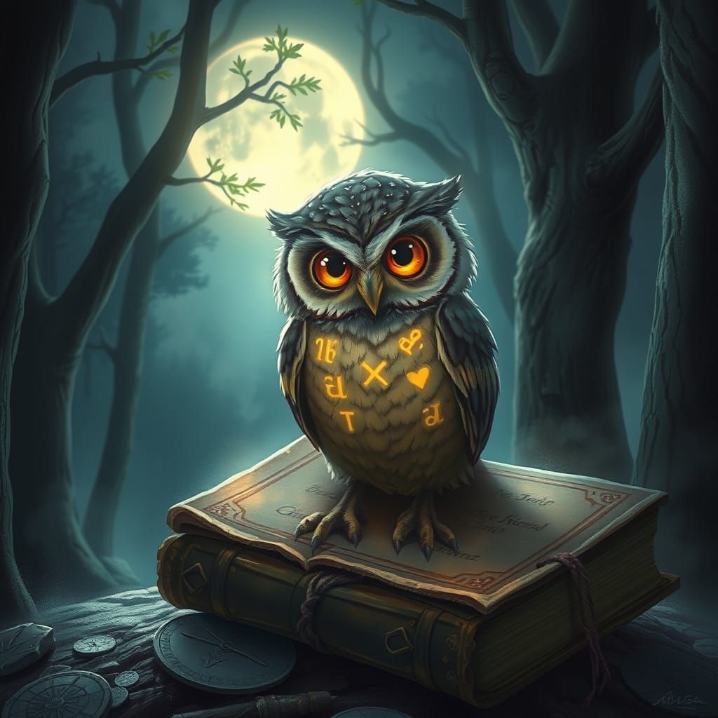 Mystical Owl with Runes in Moonlit Forest