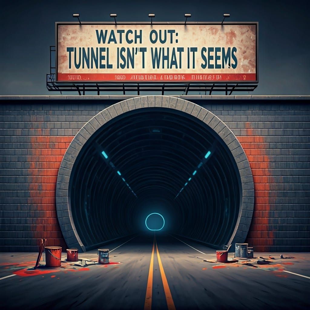 Mysterious Tunnel Entrance on Weathered Brick Wall with Retr...