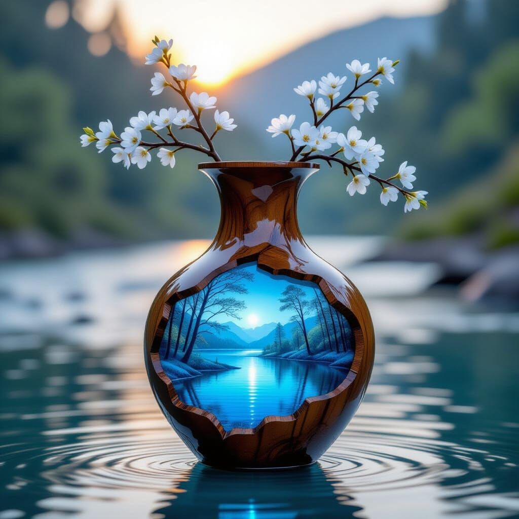 Photorealistic Wooden Vase with River in Golden Light