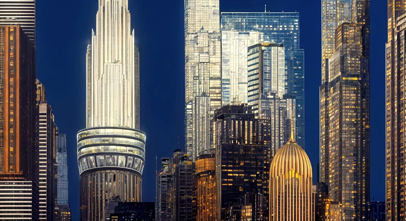 Art Deco Retrofuturist Cityscape in Metallic Light