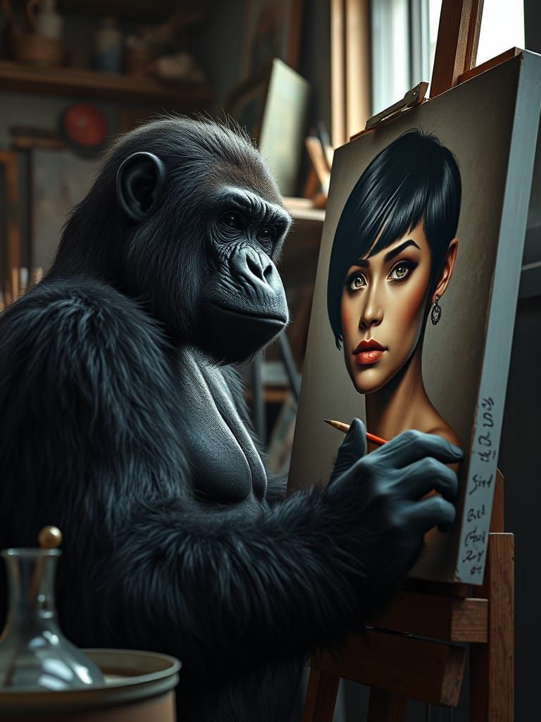 Gorilla Artist Captures Serene Portrait in Dimly Lit Studio