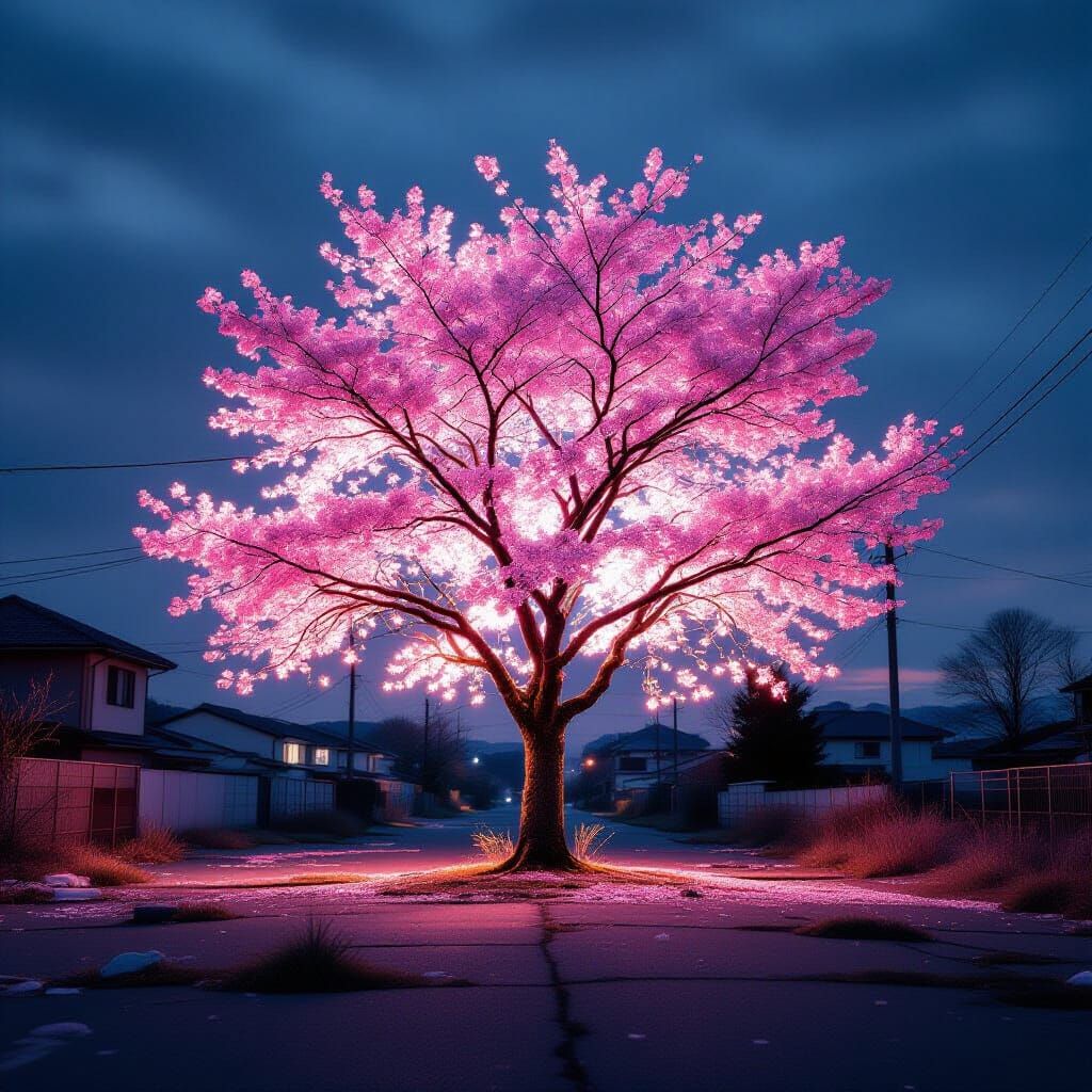 Glowing Sakura Tree in Wasteland: Hyperrealistic Photo