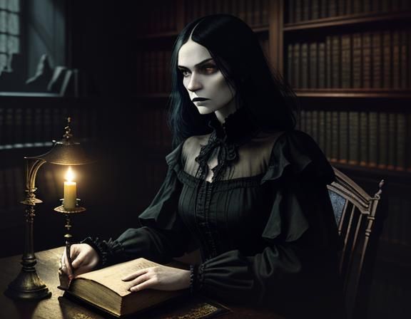 Gothic Woman in Dim Library with Moody Lighting