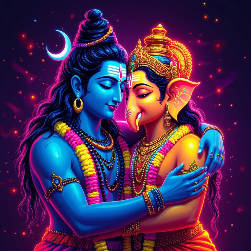 Ganesh and Shiva Embrace in Neon Digital Art