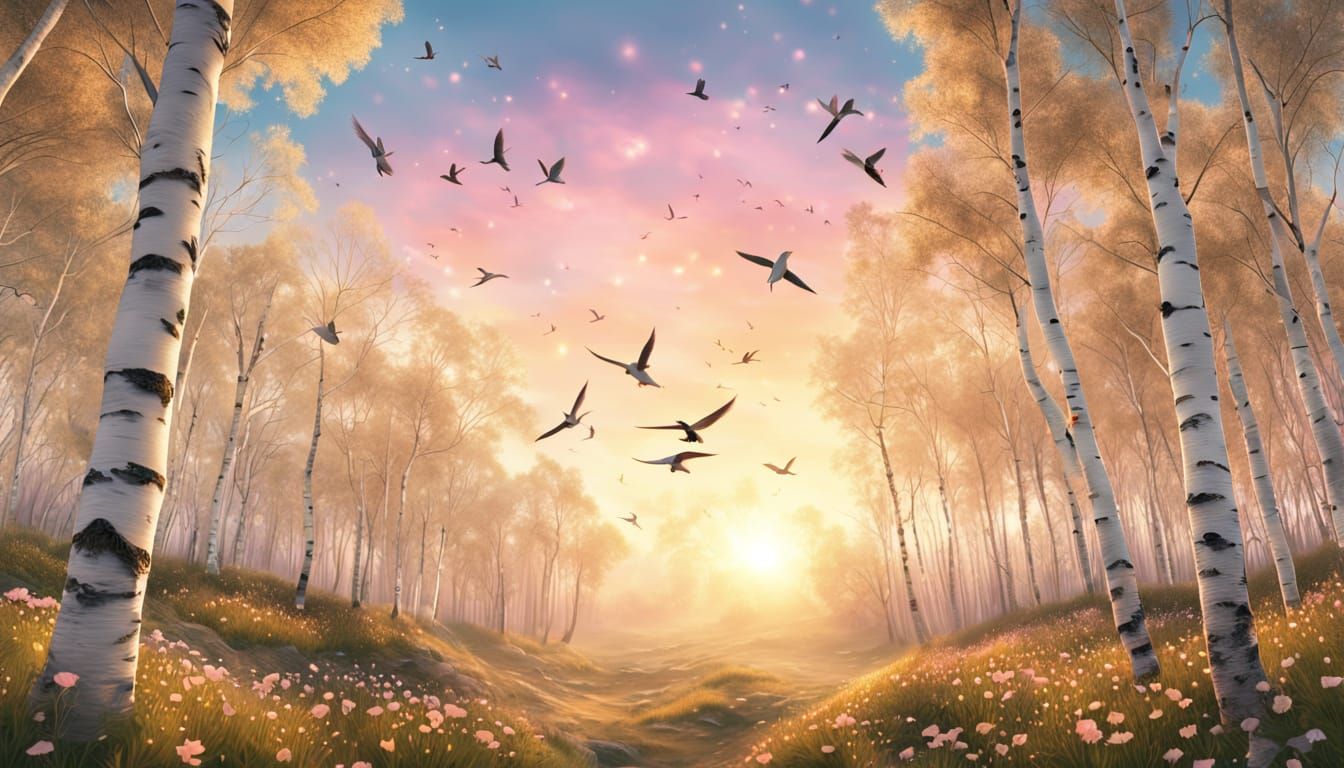 Dreamy Digital Landscape with Swallows and Stars in Whimsica...