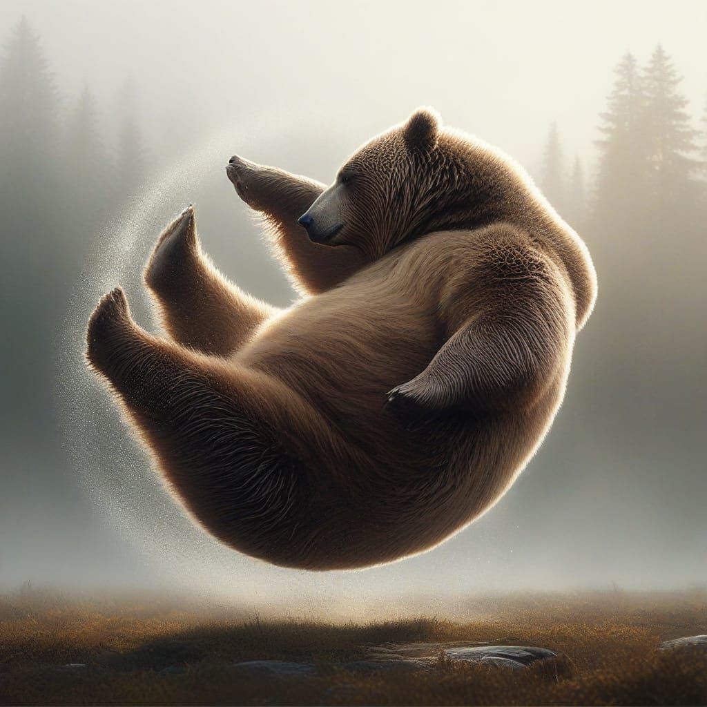 Vibrant Impressionist Bear Falls through Misty Forest