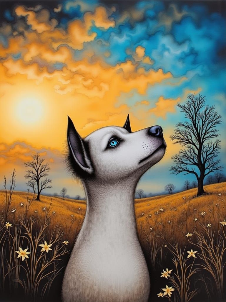 Husky's Blue Gaze in Amber Sky Over Golden Field