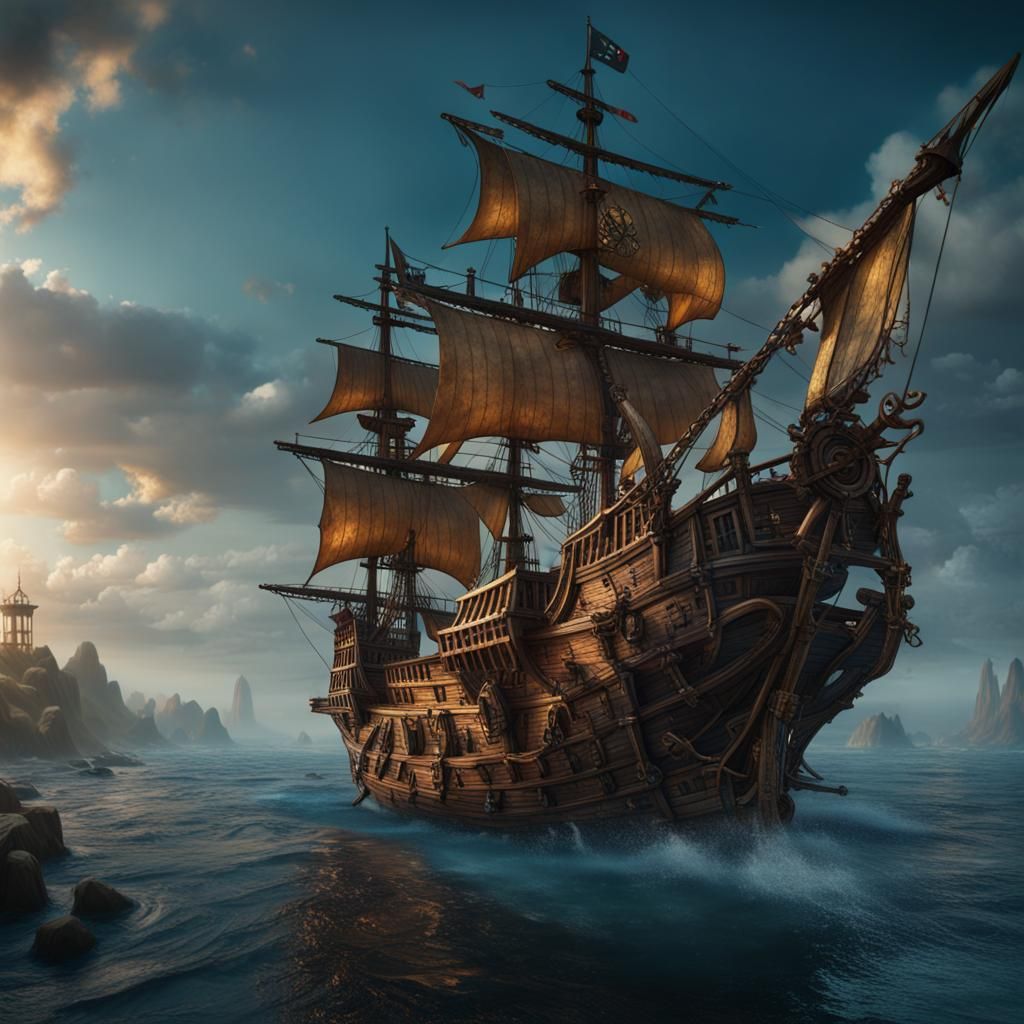 Pirate Ship on the Water: Detailed Matte Painting