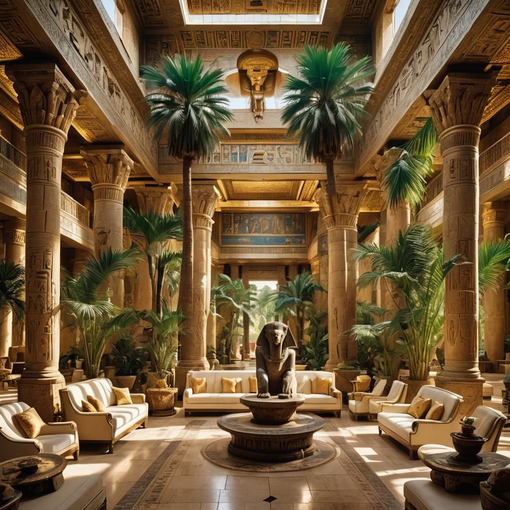 A uxurious interior of an ancient Egyptian style hotel lobby
