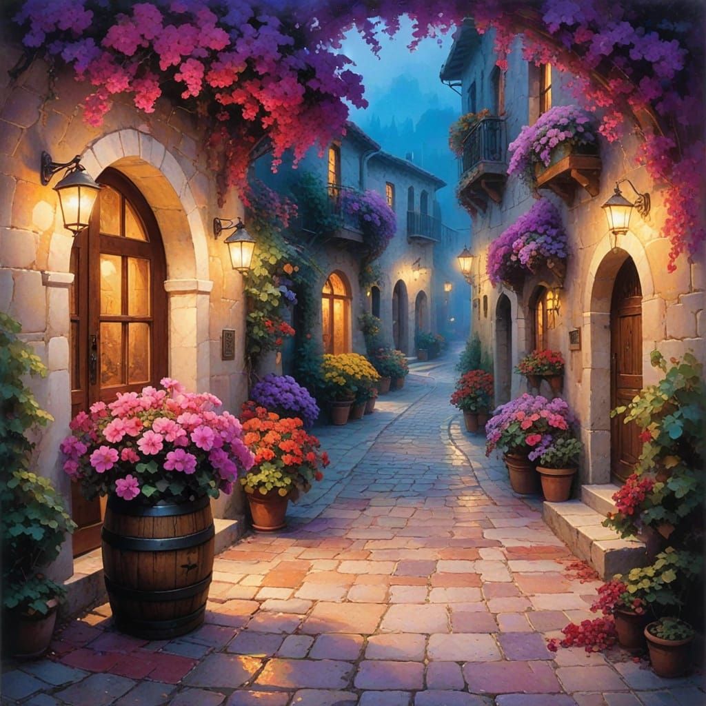 Whimsical Mediterranean Night Scene in a Dreamy, Muted Color...