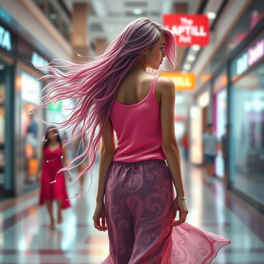 Ethereal Girl in Vibrant Mall Scene