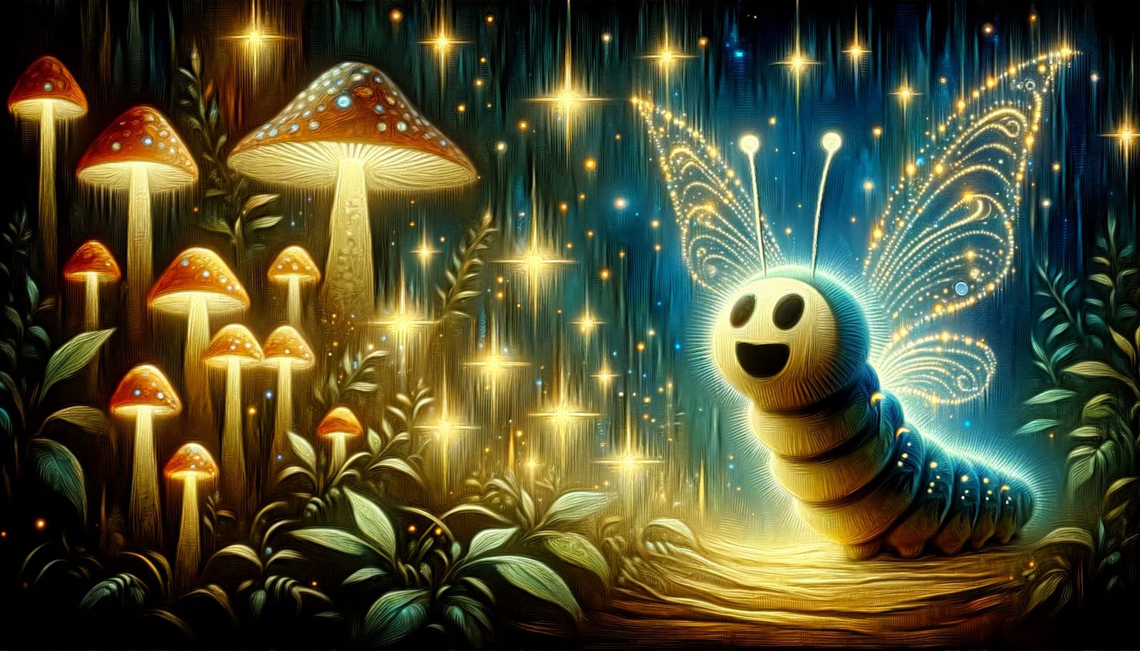 Enchanting Caterpillar in Glowing Mushroom Village