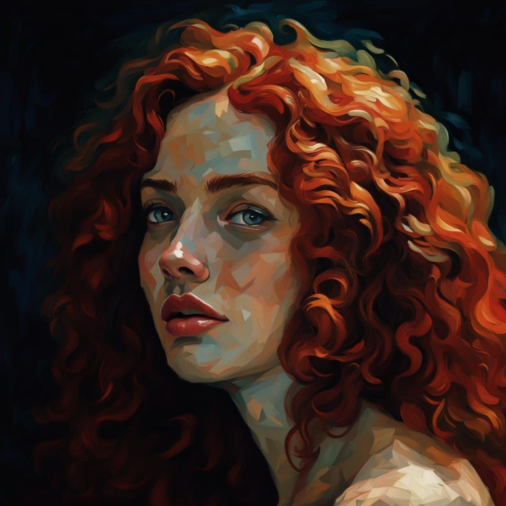 Vibrant Oil Painting Portrait of Woman with Red Curls