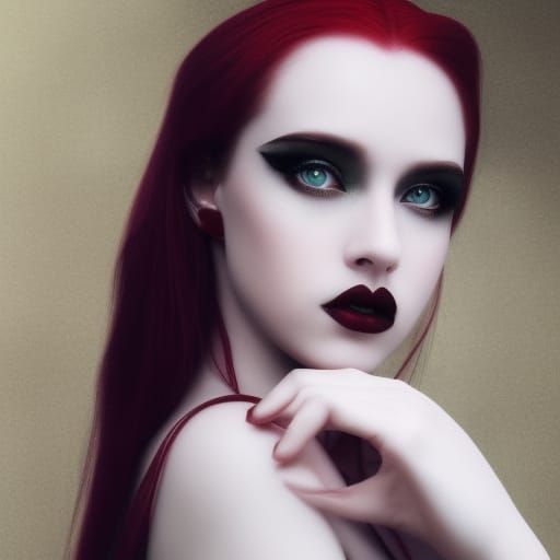 Ethereal gothic young lady with crimson red hair& Emerald green eyes& Burgundy red eyeshadow beautifully done& Winged bl...