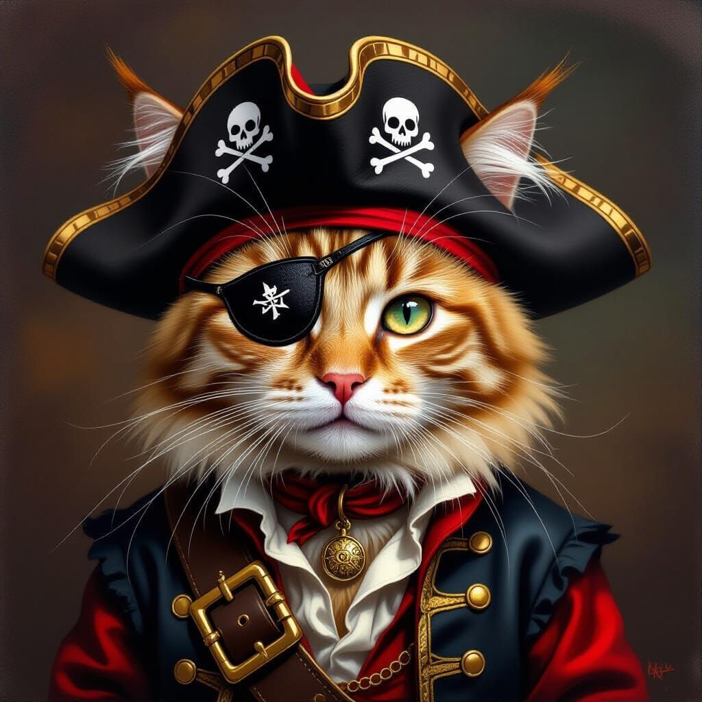 Pirate Cat Portrait in Realistic Painting Style