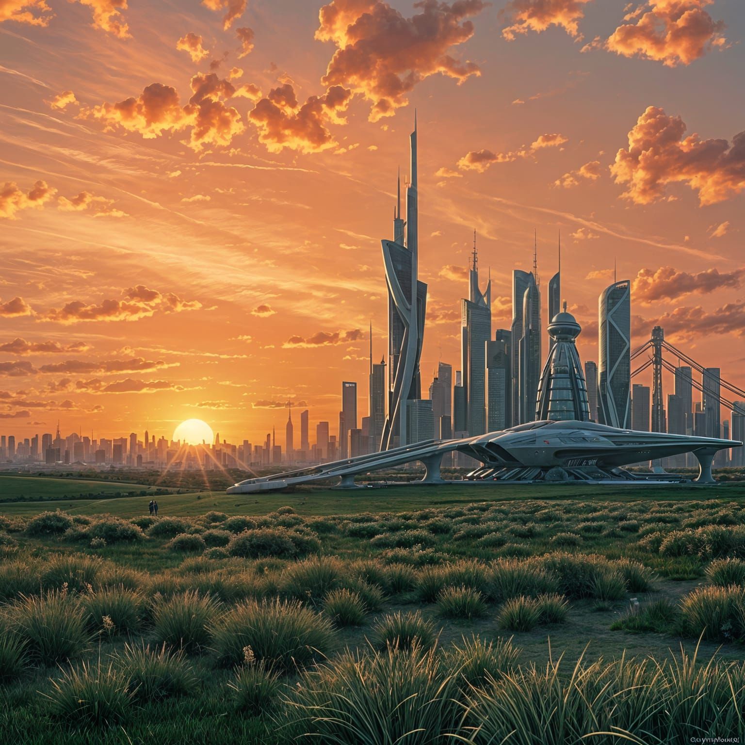 Futuristic City at Sunset Over Green Fields in Comic Style