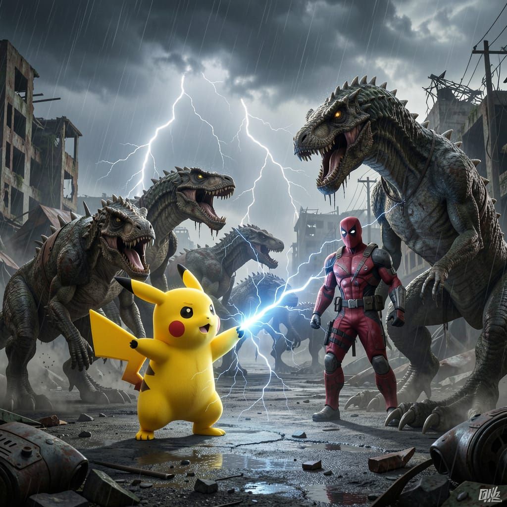 Pikachu Defends Deadpool from Deathclaws in Stormy Fallout 4