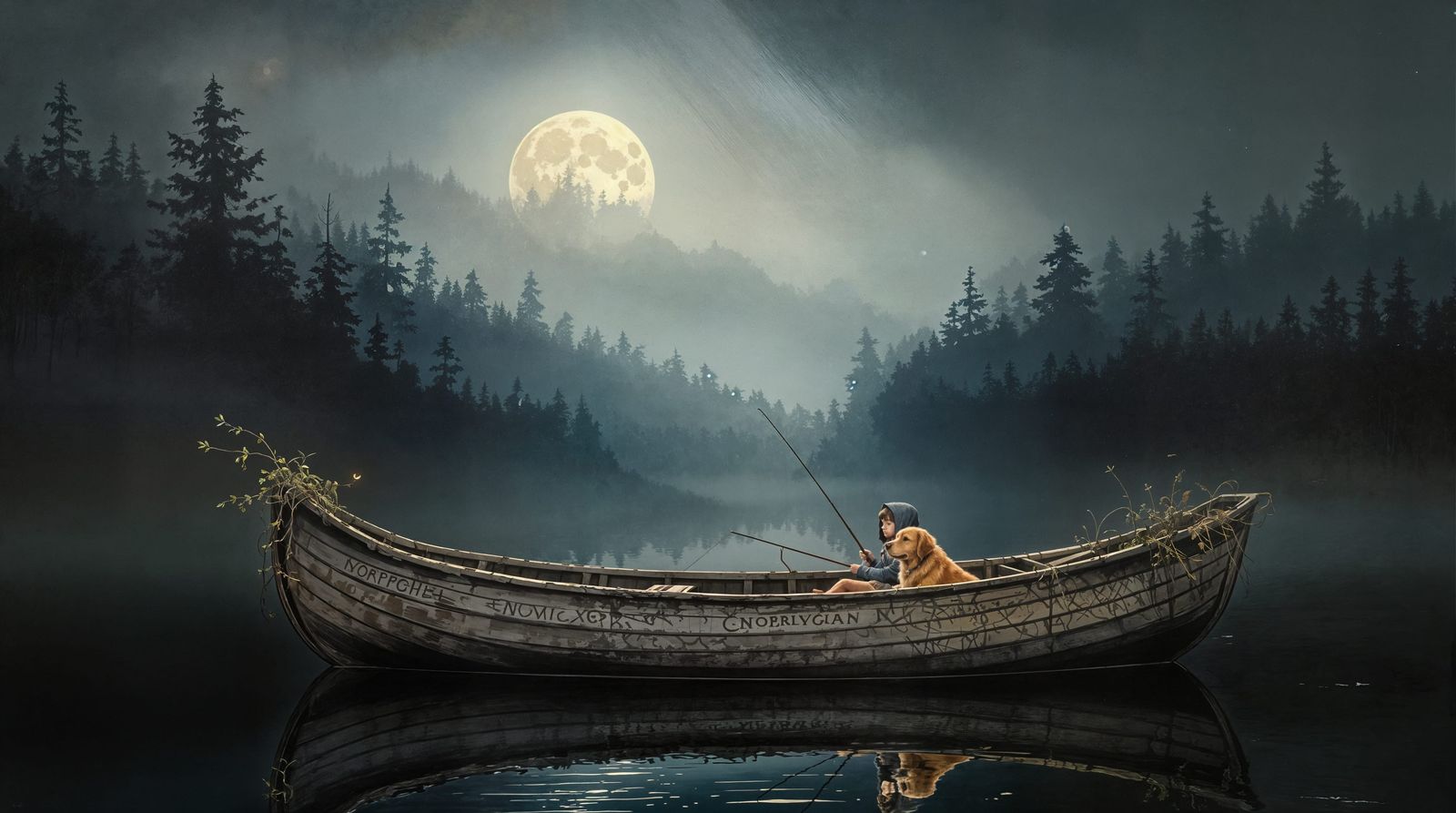 Impressionistic Moonlit Fishing Scene with Boy and Dog