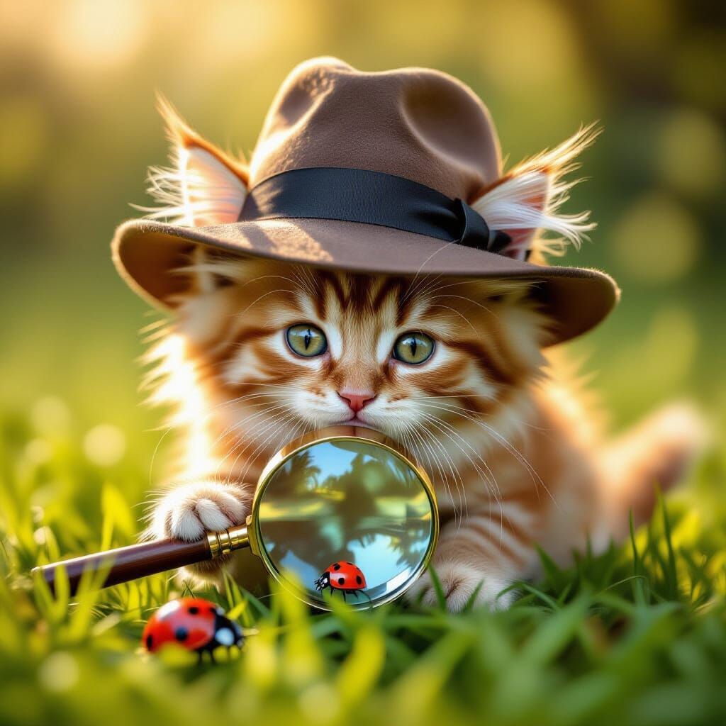Ginger Kitten Detective Investigates Ladybug, Hyperrealistic