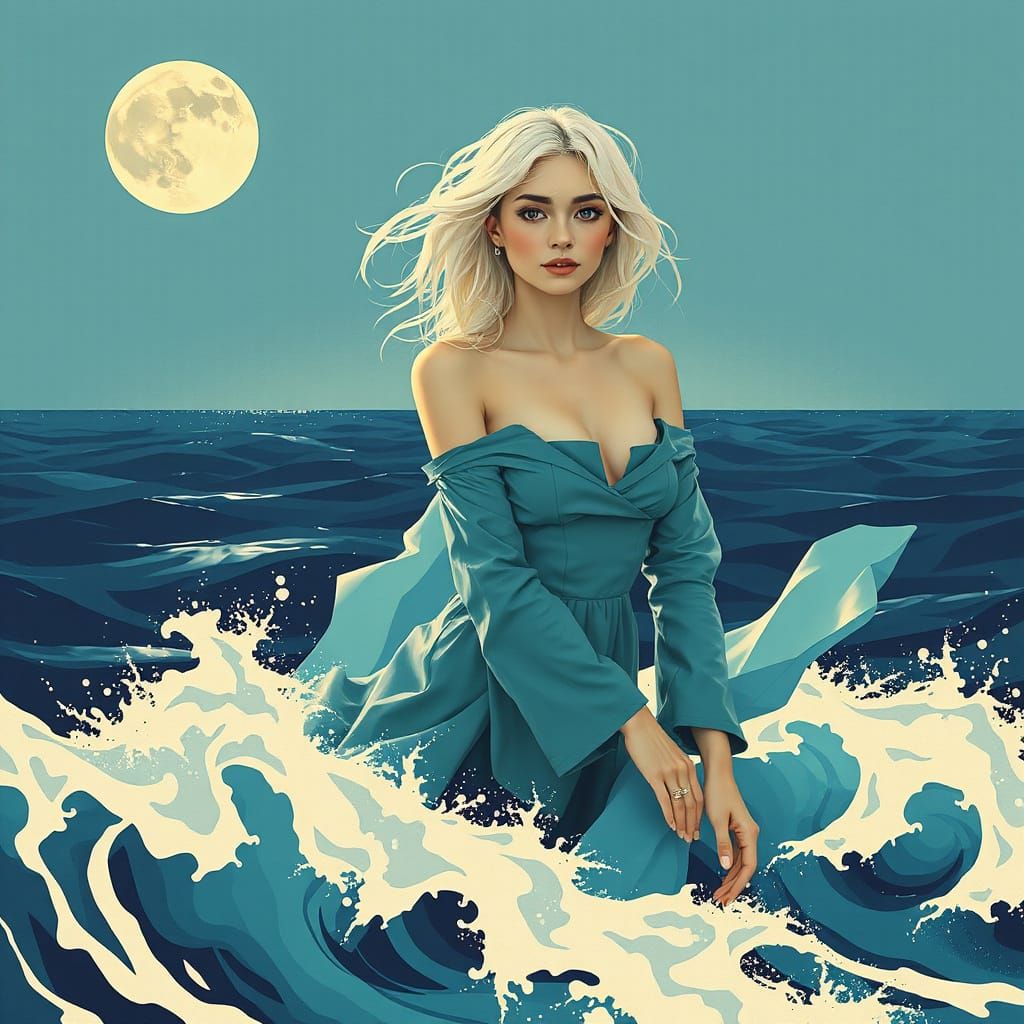 Mysterious Woman Emerges from the Ocean Under the Moonlight
