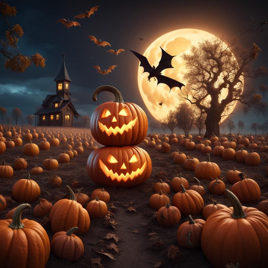 Pumpkin Field at Night with Scarecrow, Digital Painting