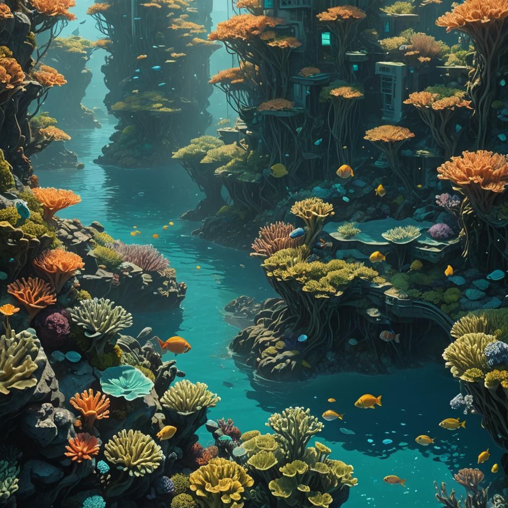 Mermaids Thriving in Coral Reef Metropolis